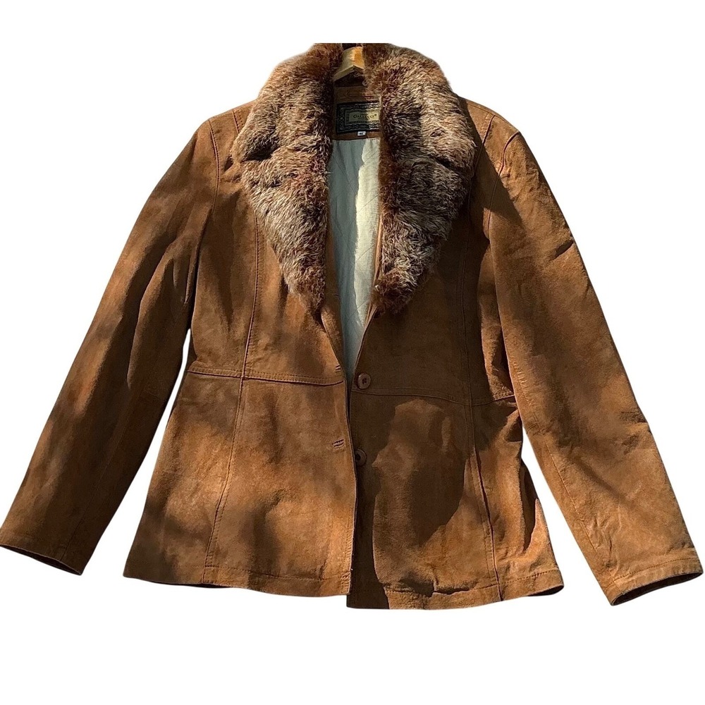 Vintage Dino Gallucci Suede Leather Coat Women's 42 Fur Collar Lined Jacket Brow - Picture 3 of 9